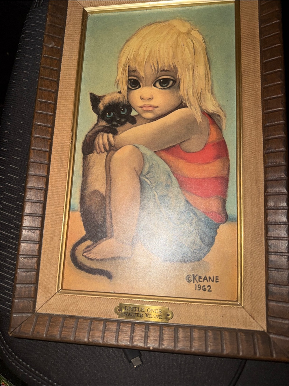 Walter Keane Style 'Little Ones' Girl with Cat Framed Art - Blonde, Red, Blue